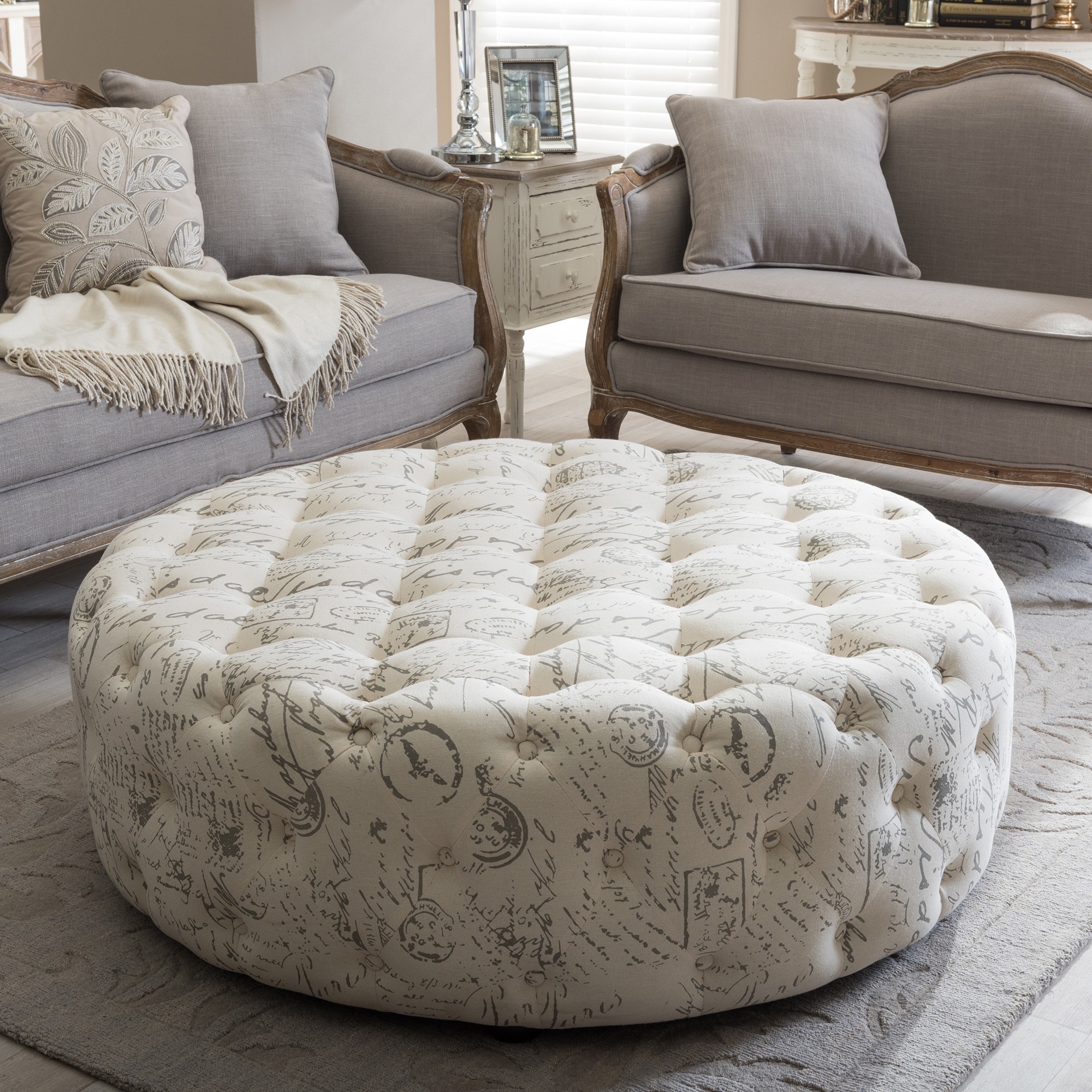 Baxton Studio Cardiff Patterned Linen Modern Tufted Ottoman