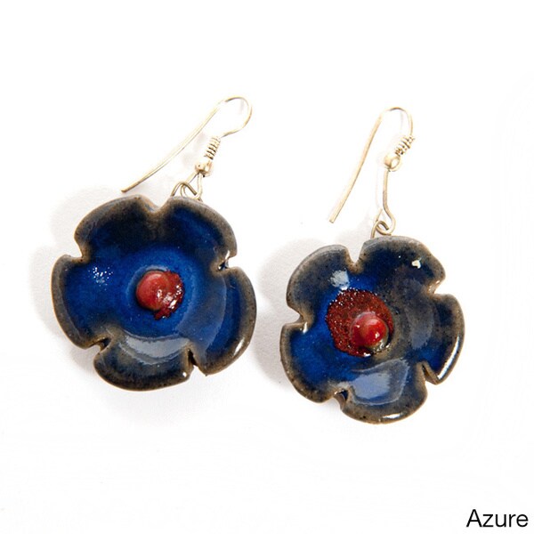Shop Handmolded Ceramic Flower and Brass Hook Earrings (India) Free