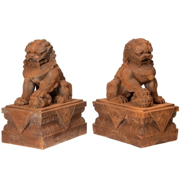 18-Inch Oriental Furniture Foo Dog Rust Patina Statues Set of 2