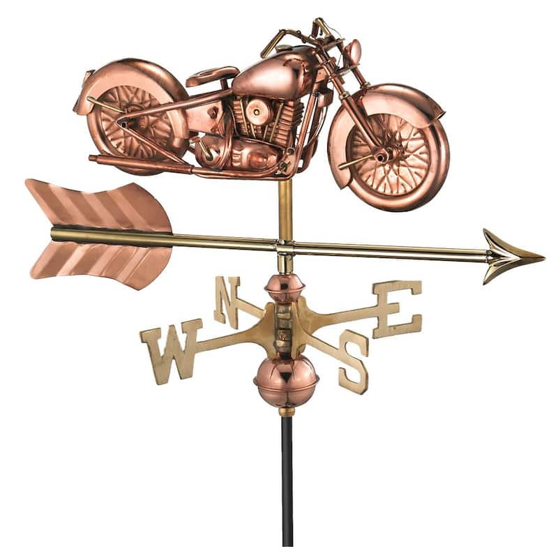 Motorcycle Pure Copper Garden Weathervane with Garden Pole by Good Directions