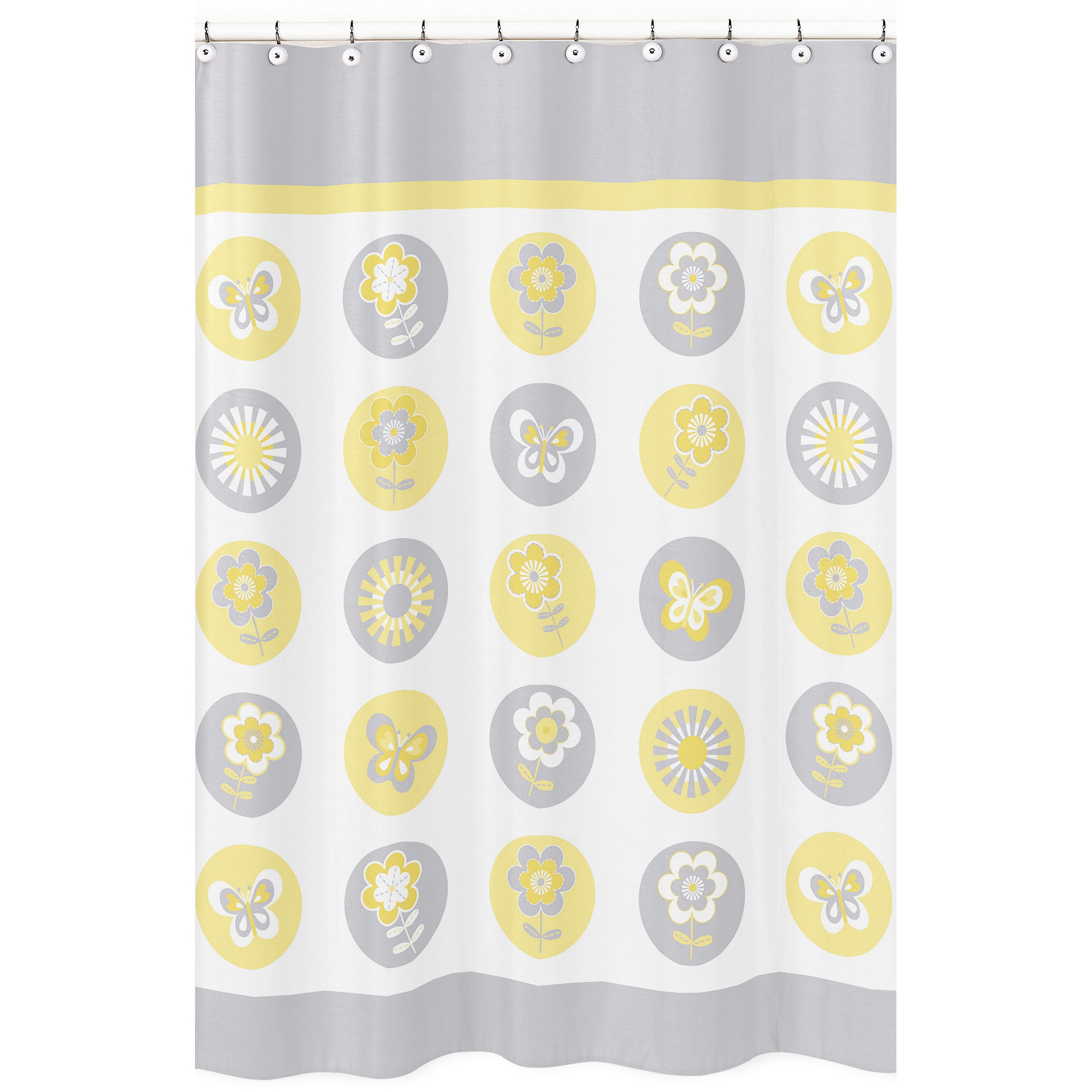 Mod Garden Fabric Shower Curtain (Gray, white and yellowMaterials Brushed micro fiber and 100 percent cottonDimensions 72 inches high x 72 inches wide Care instructions Machine washableShower hooks and liners not includedThe digital images we display h