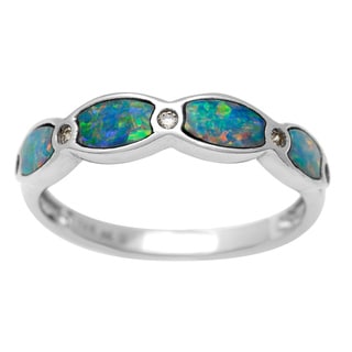 14k White Gold Opal and Round Diamond Accent Ring