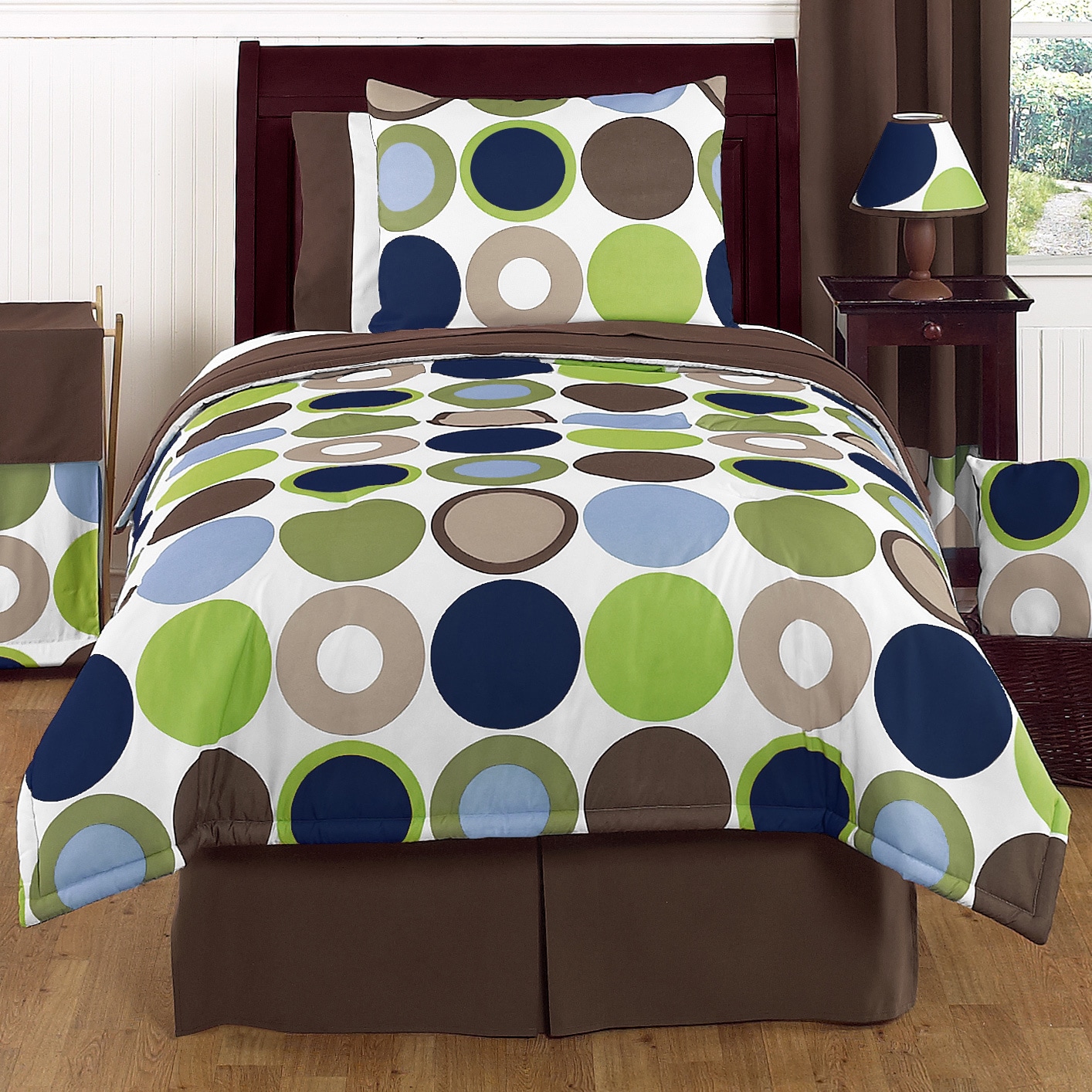 Sweet Jojo Designs Boys Dot Modern 4 piece Twin Comforter Set (Navy/ steel blue/ green/ brownFill material PolyesterCare instructions Machine washableComforter 62 inches wide x 86 inches longSham 20 inches wide x 26 inches longBedskirt 39 inches wide