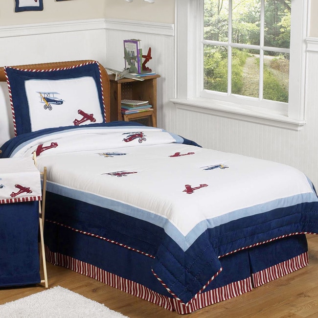 Sweet Jojo Designs Boys Vintage Aviator 3 piece Full/queen Comforter Set (Navy/ sky blue/ red/ whiteMaterials 100 percent cotton, microsuede fabricsFill material PolyesterCare instructions Machine washableBrand Sweet Jojo DesignsComforter 86 inches w