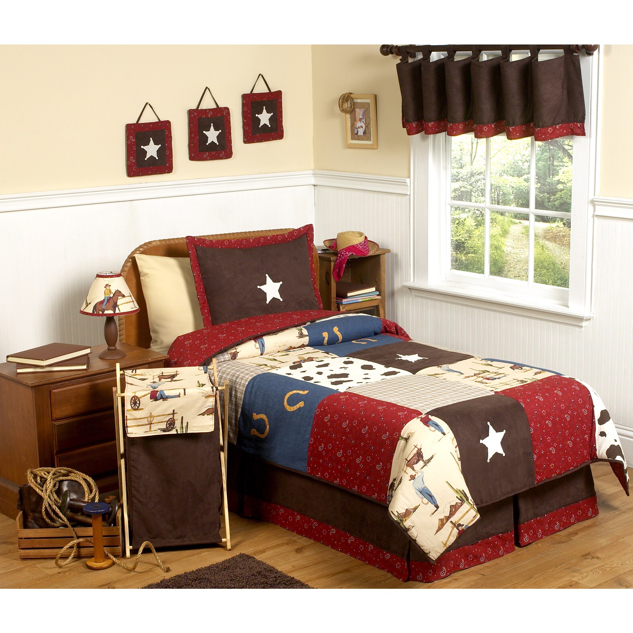 Sweet Jojo Designs Boys Wild West Cowboy 4 piece Twin Comforter Set (Red/ chocolate brown/ camel/ blue/ goldMaterials 100 percent cotton, microsuede fabricsFill material PolyesterCare instructions Machine washableBrand Sweet Jojo DesignsComforter 62 