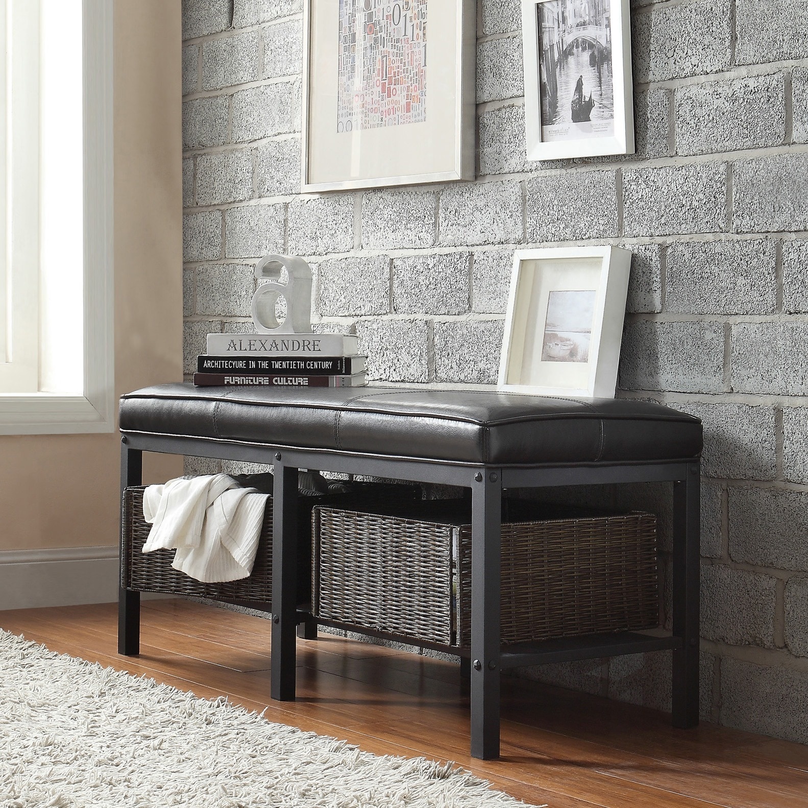 Myra Ii Black Faux Leather Upholstered Modern Rustic Bench