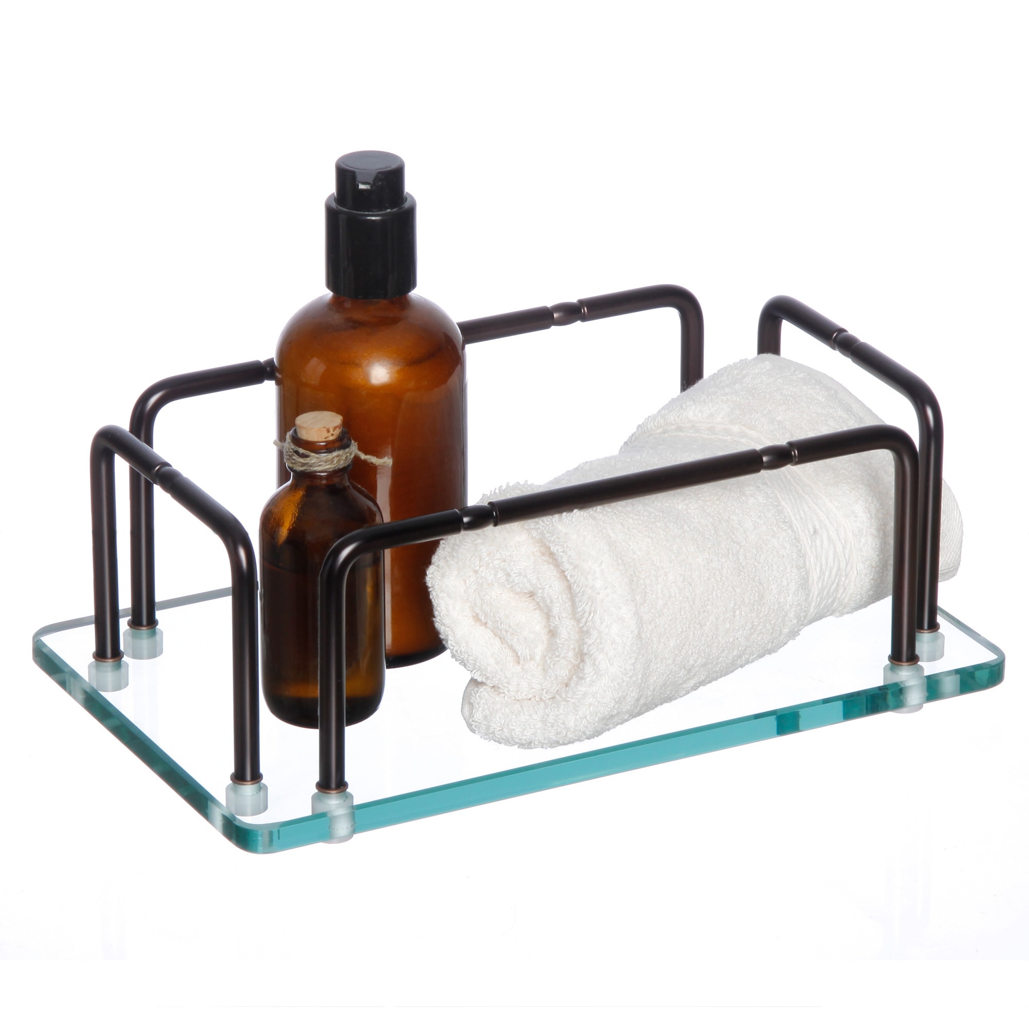 Glass Hand Towel Tray With Rails (Oil rubbed bronzeMaterials Glass, metalDimensions 4.75 inches high x 10.5 inches wide x 6.5 inches deepThe digital images we display have the most accurate color possible. However, due to differences in computer monitor