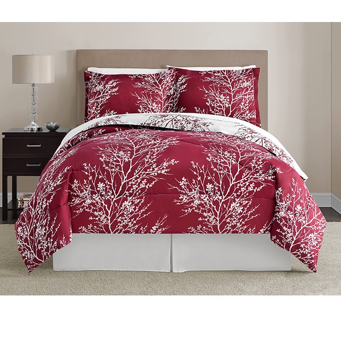 Red And White Leaf 8 piece Bed In A Bag With Sheet Set (Red/white Materials 100 percent polyester Care instructions Machine washable  Queen DimensionsComforter 86 inches wide x 86 inches longDecorative shams 20 inches wide x 26 inches longPillowcases