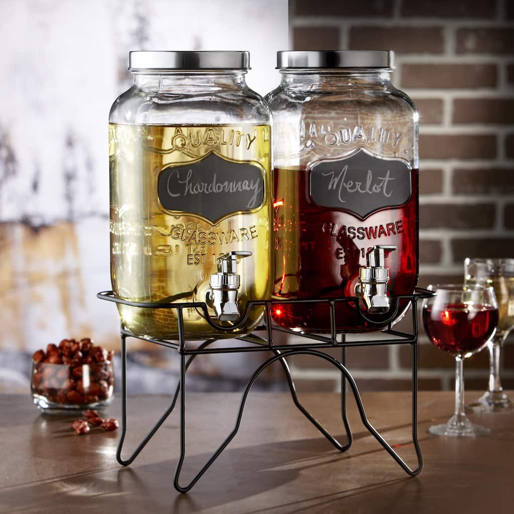 Blackboard Glass Beverage Dispenser with Spigot/Metal Stand (Set of 2)