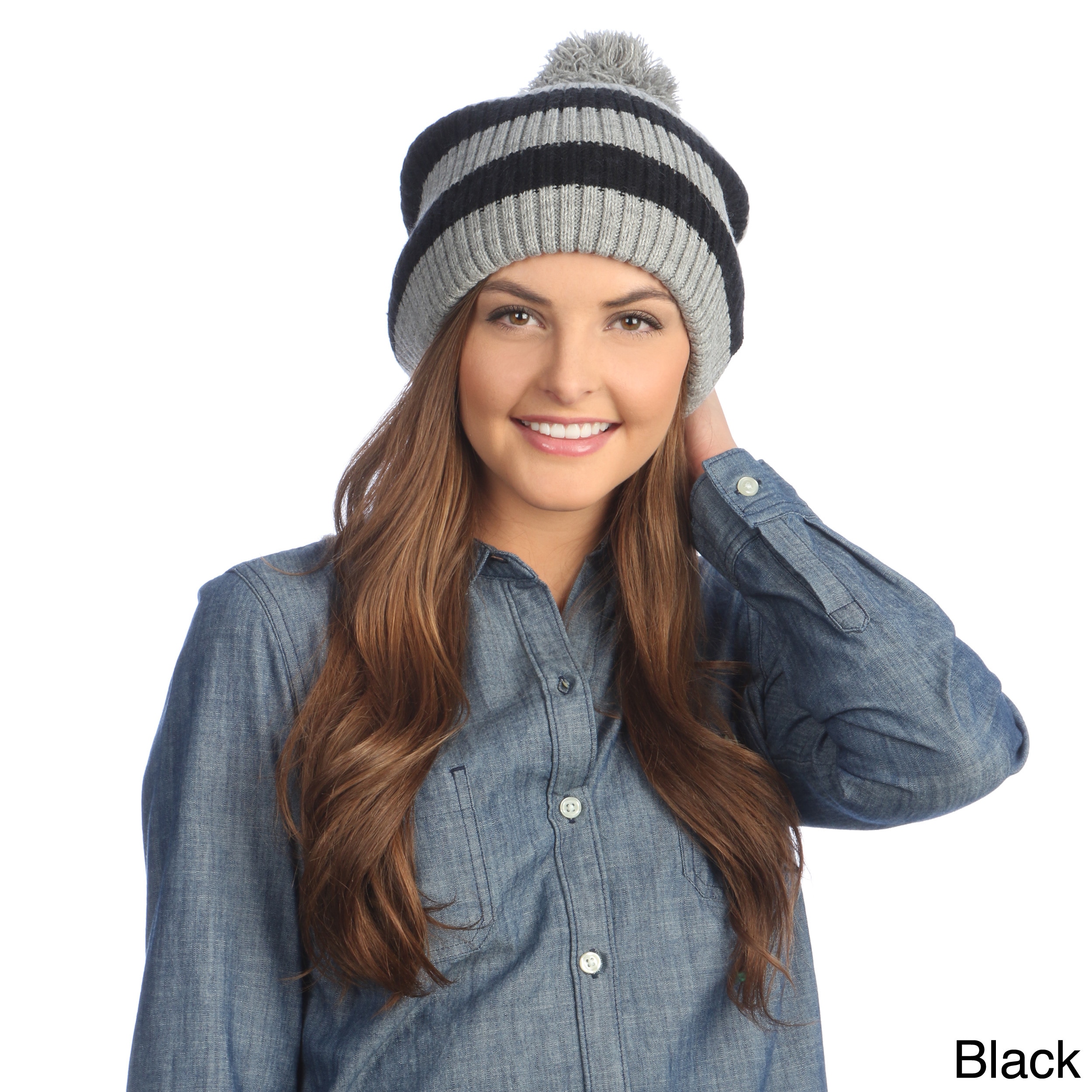 Kc Signatures Striped Pompom Beanie