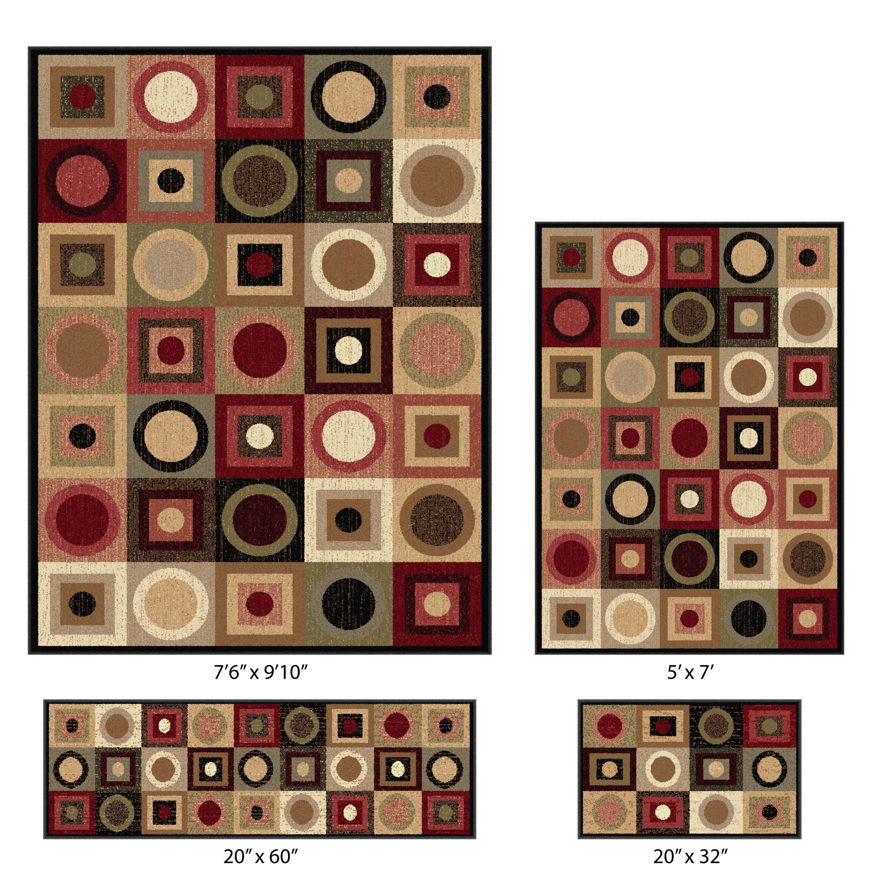 Elegance 4 piece Multi colored Contemporary Geometric Rug Set (MultiSecondary Colors Tan/ red/ blue/ green/ black Rug dimensions 76 x 910/ 5 x 7/ 2 x 5/ 2 x 3Tip We recommend the use of a non skid pad to keep the rug in place on smooth surfaces.All rug