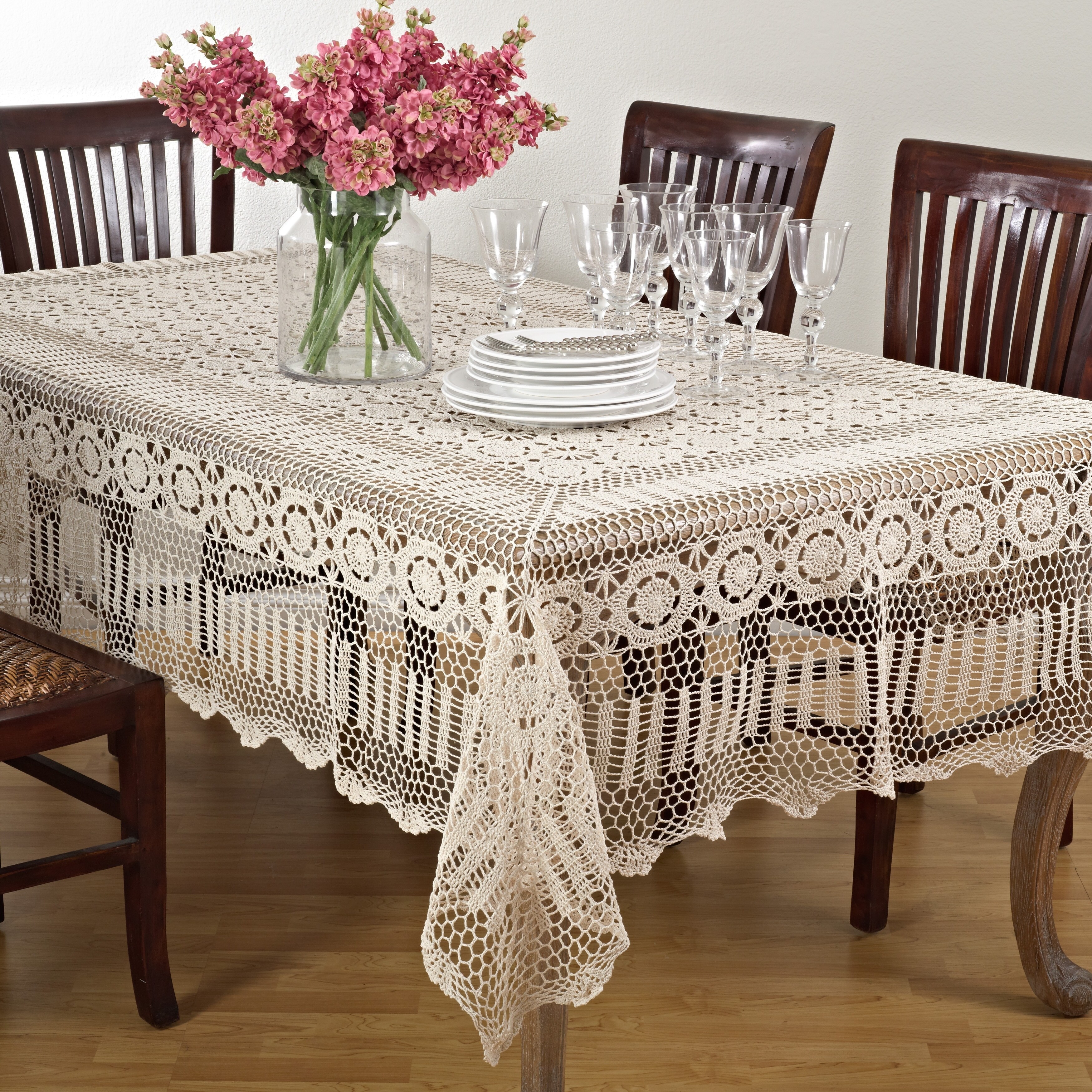 crochet tread linen tablecloth with crochet lace Tablecloth