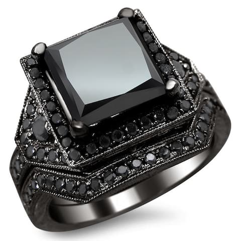 Black Gold 4 ct Certified Princess Black Diamond Engagement Set 14k