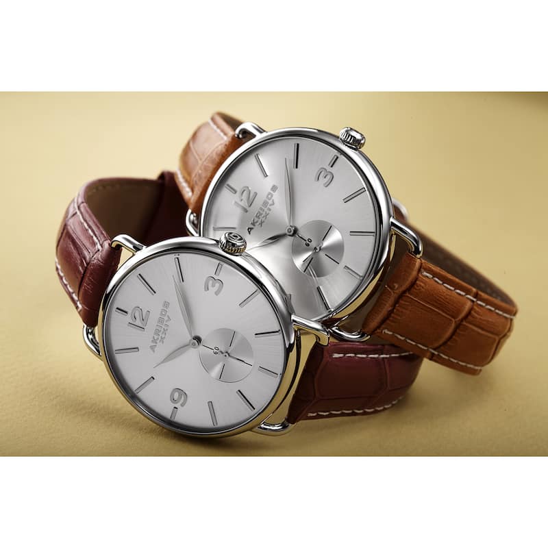 Akribos XXIV Women's Slim Sunray Dial Leather Orange Strap Watch
