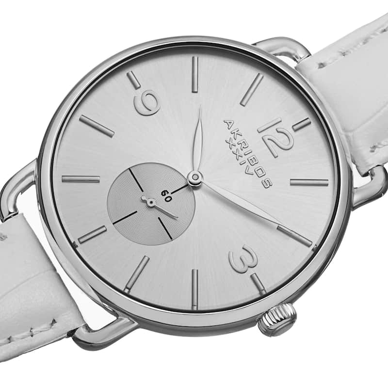 Akribos XXIV Women's Slim Sunray Dial Leather Silver-Tone Strap Watch