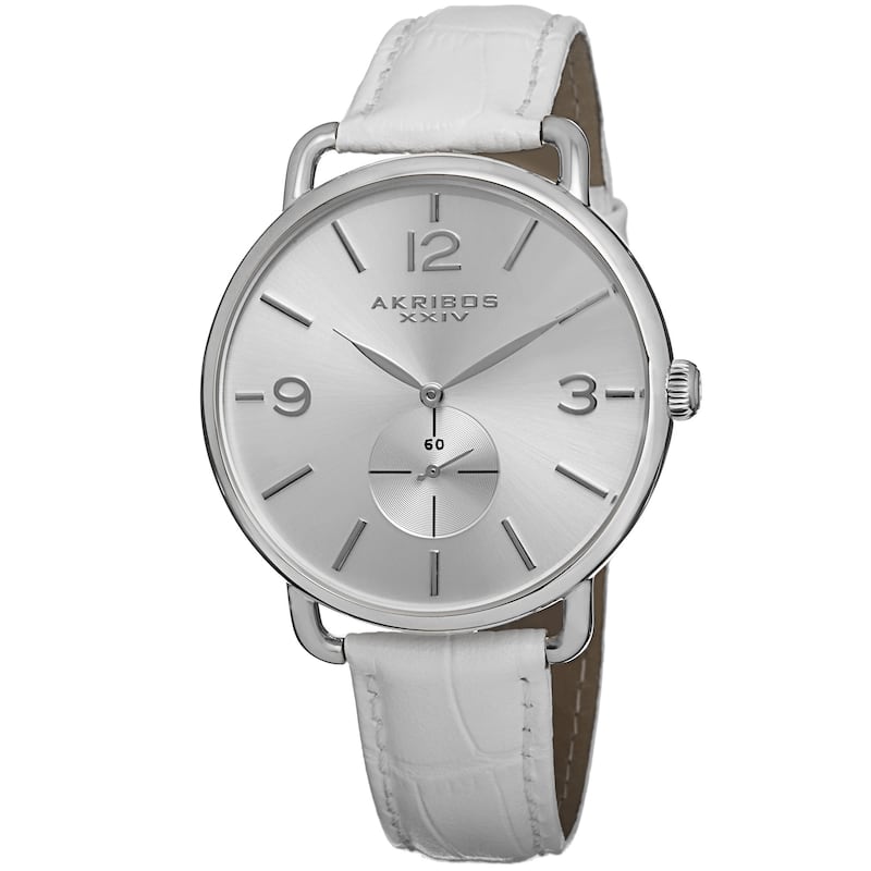 Akribos XXIV Women's Slim Sunray Dial Leather Silver-Tone Strap Watch