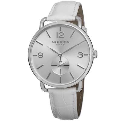 Akribos XXIV Women's Slim Sunray Dial Leather Silver-Tone Strap Watch