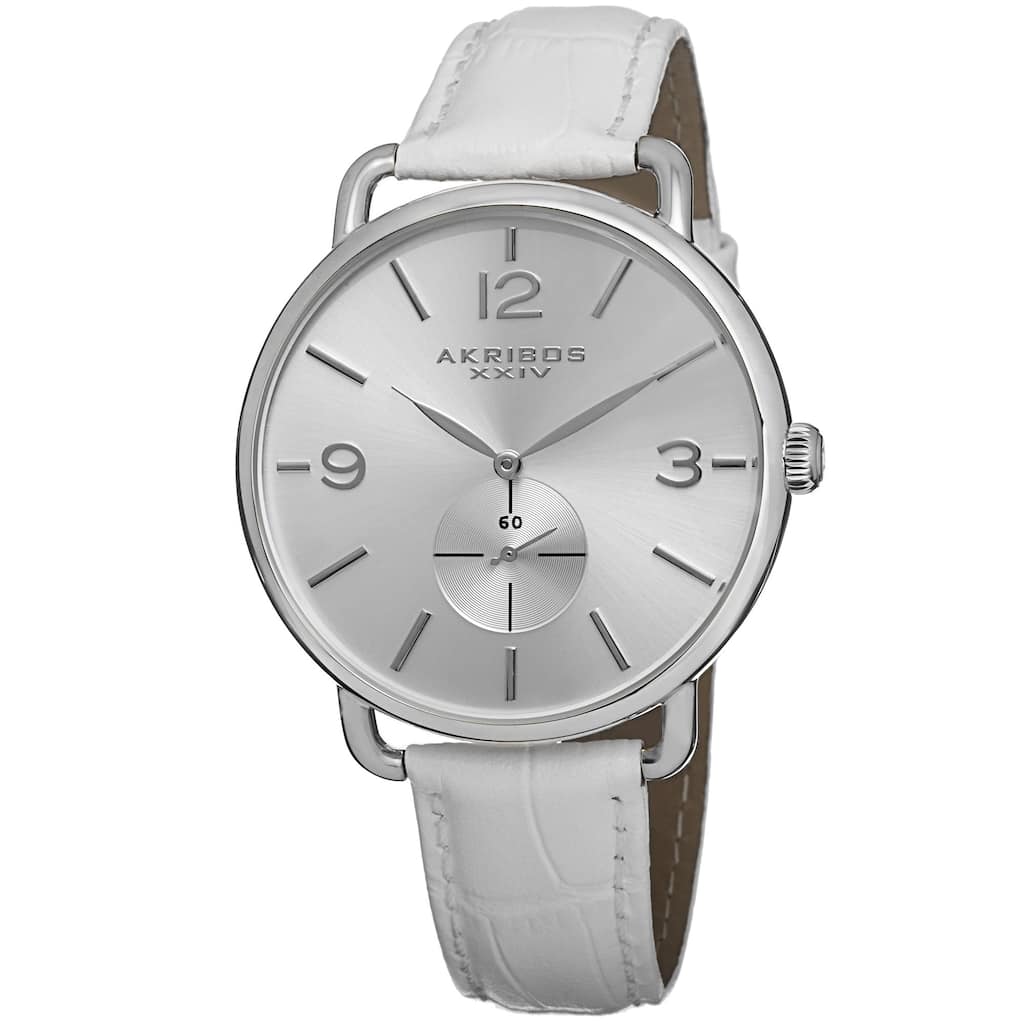 Akribos XXIV Women's Slim Sunray Dial Leather Silver-Tone Strap Watch