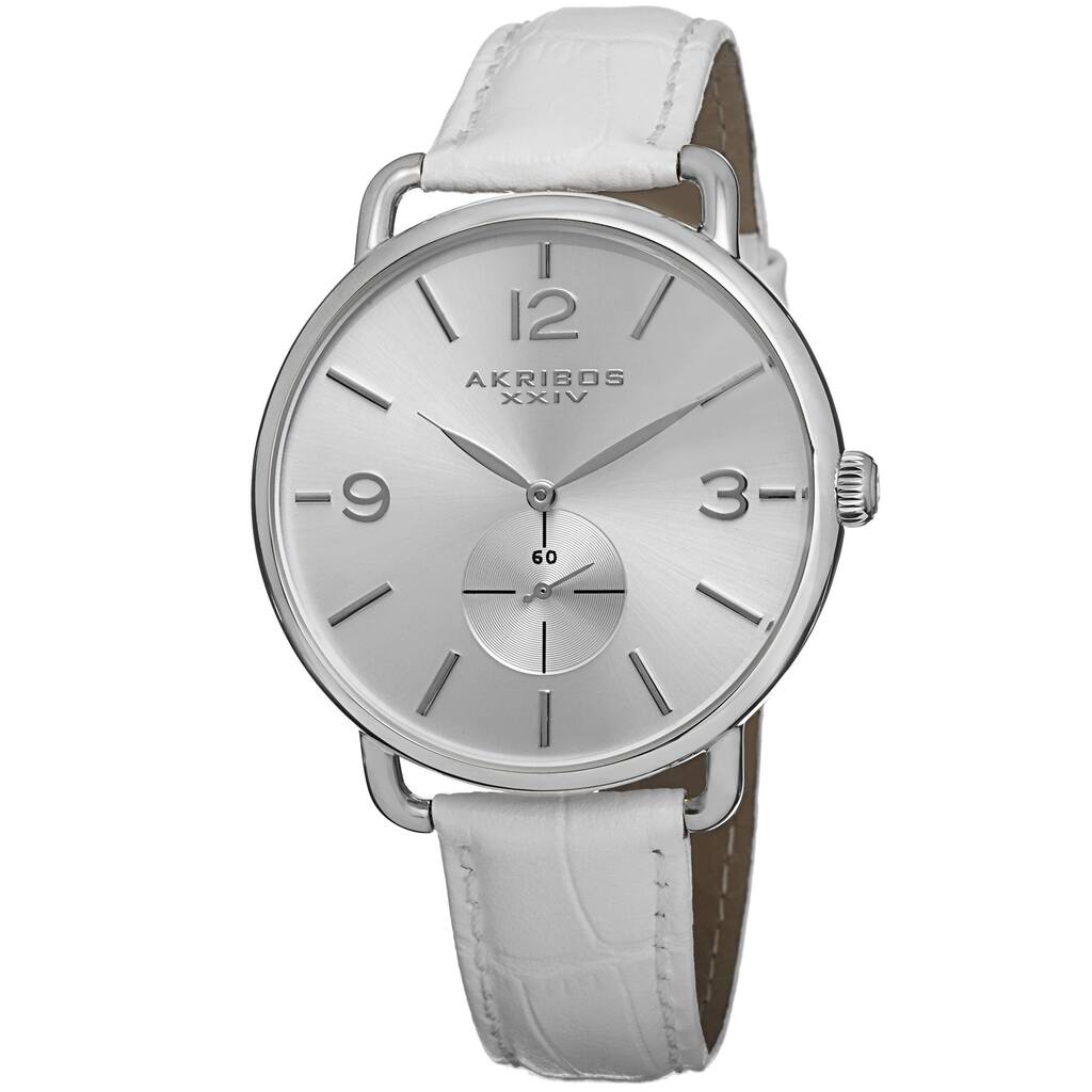 Akribos XXIV Women's Slim Sunray Dial Leather Silver-Tone Strap Watch