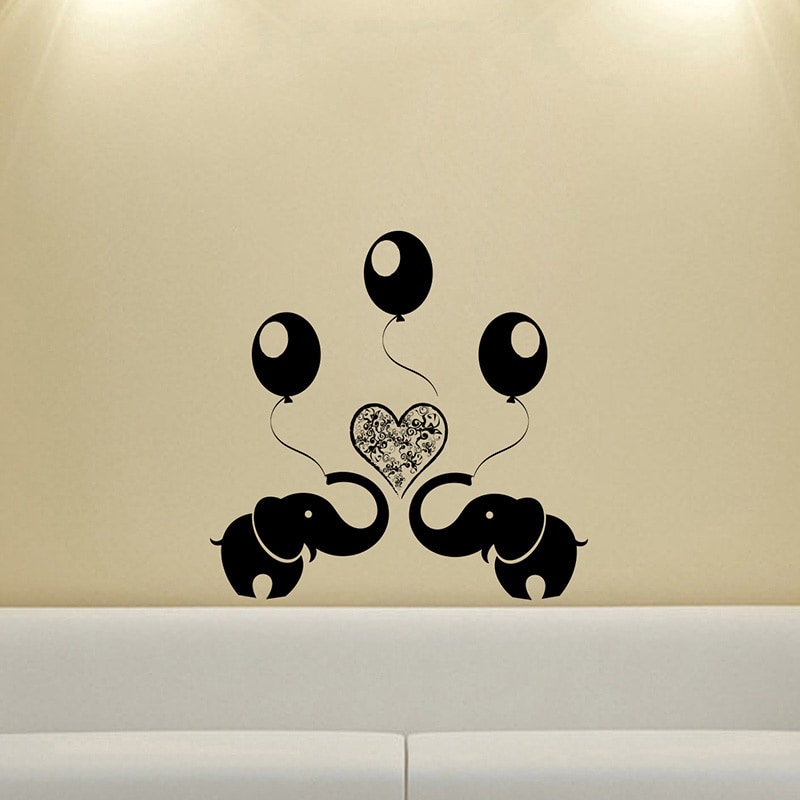 Elephants Animal Balloons Heart Wall Vinyl Decal (Glossy blackDimensions 25 inches wide x 35 inches long )