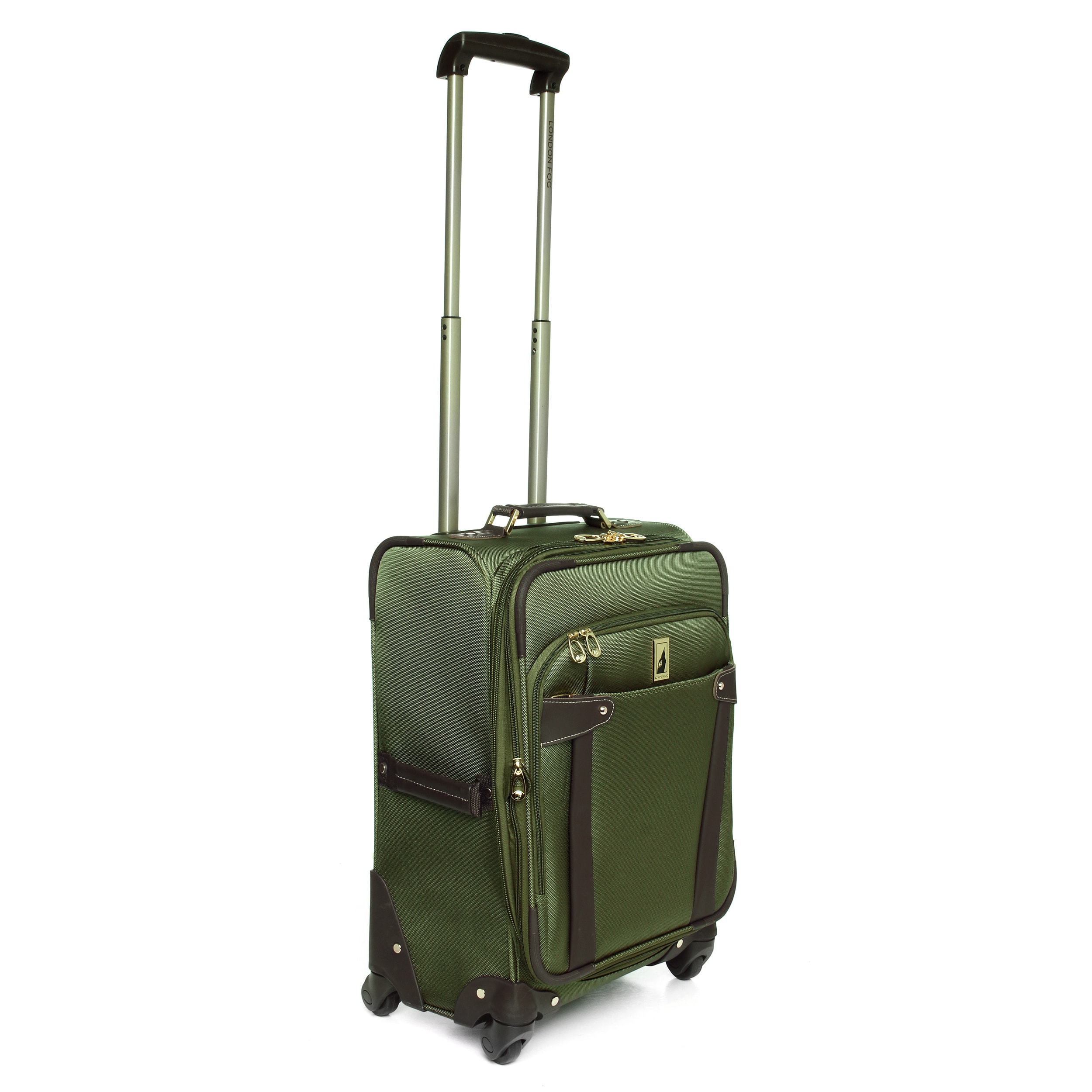 London Fog Newbury Ii Spruce 20 inch Carry On Expandable 360 degree Spinner Upright (OliveWeight 9.5 poundsPockets Two (2) front, one (1) rear exterior pockets for last minute items, one (1) mesh zipped pocket inside Handle Aluminum locking push button
