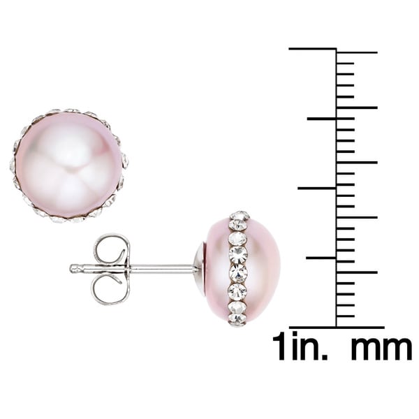 Pearlyta Sterling Silver Freshwater Pearl and Crystal Stud Earrings (9-9.5 mm) - Purple
