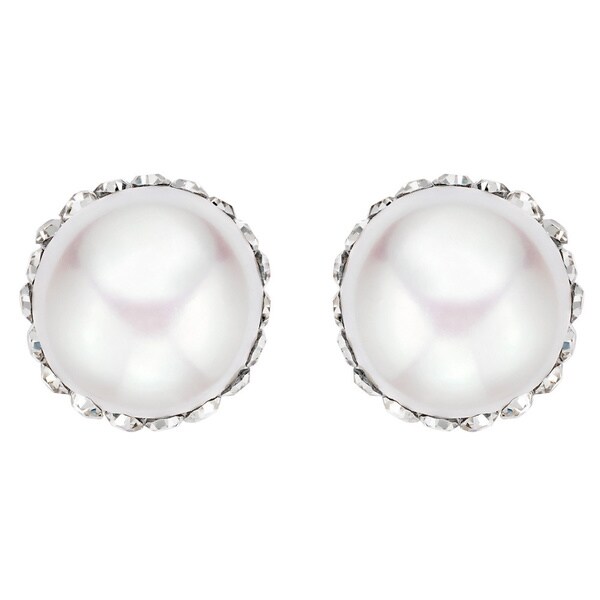 Pearlyta Sterling Silver Freshwater Pearl and Crystal Stud Earrings (9-9.5 mm) - Purple. Opens flyout.