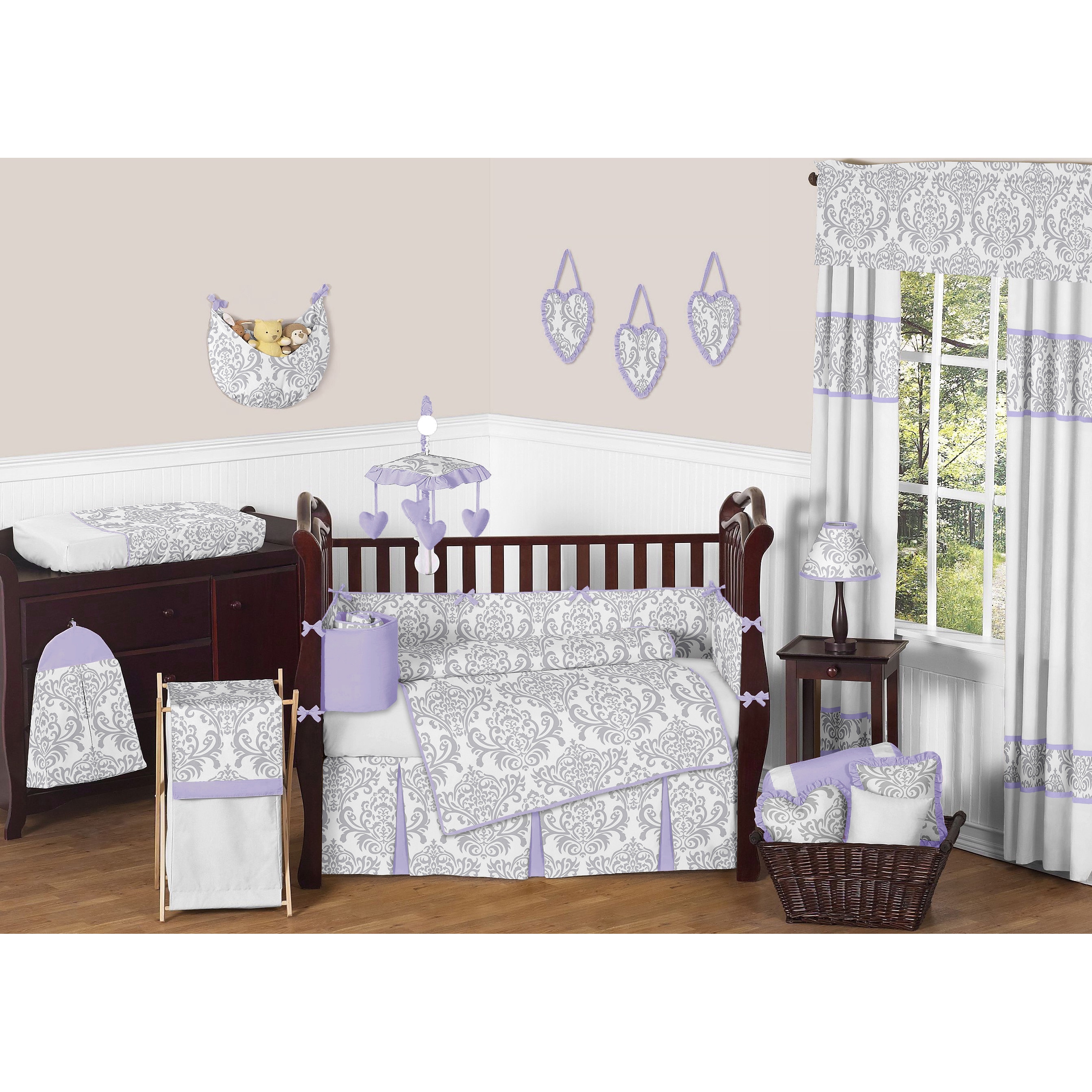 Sweet Jojo Designs Elizabeth 9 piece Crib Bedding Set (Grey/ white/ lavenderMaterial 100 percent cottonCare instructions Machine washableSet includes One (1) blanket, two (2) valances, one (1) bumper, one (1) crib skirt, one (1) fitted sheet, one (1) d