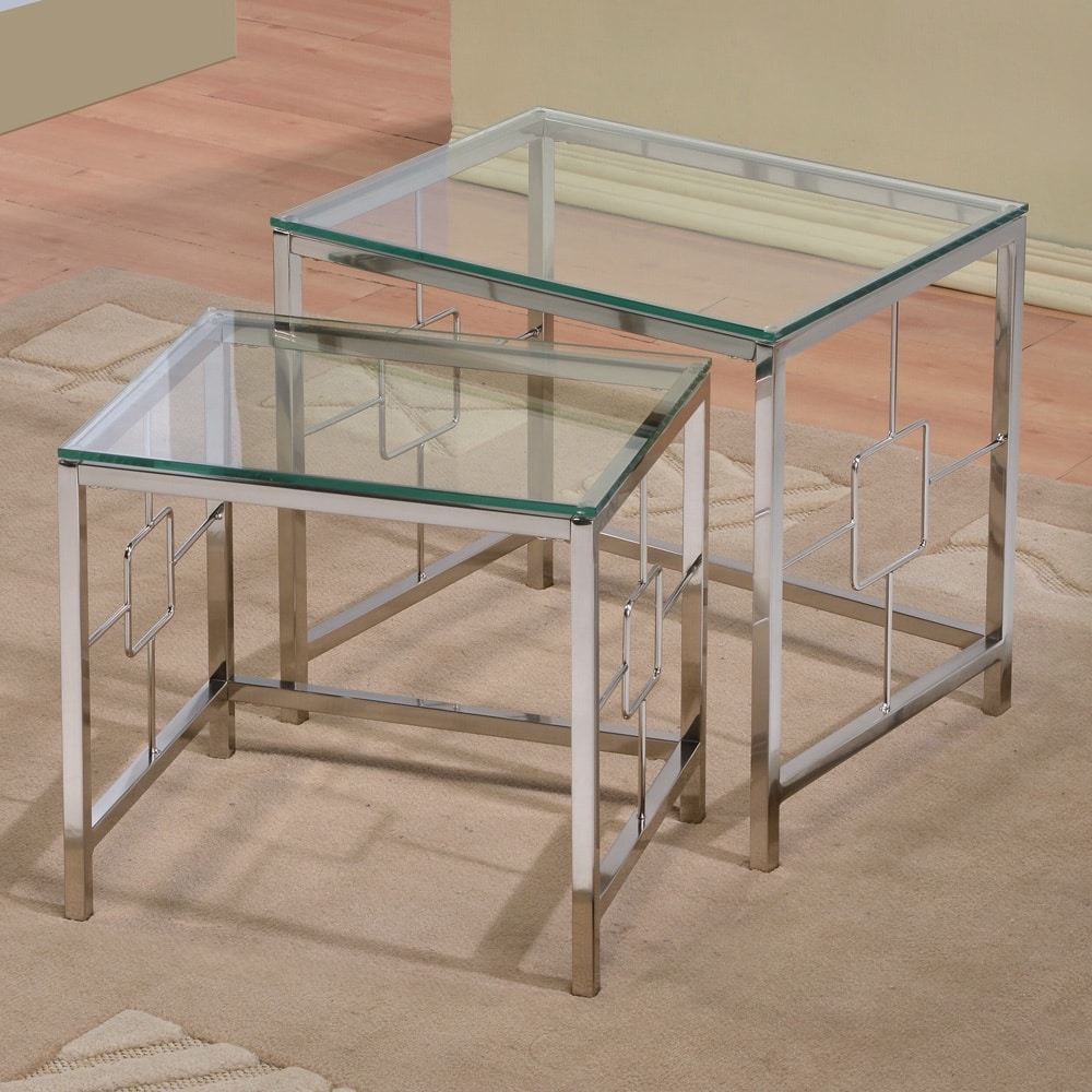 Contemporary Chrome Glass Nesting 2-piece Side End Table Set