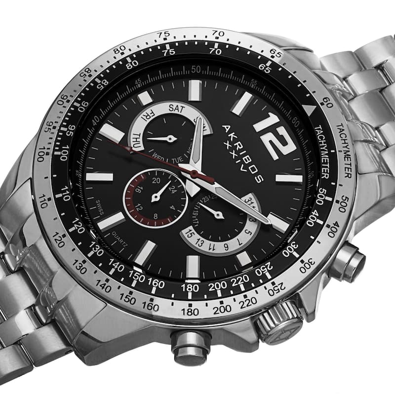 Akribos XXIV Men's Quartz Multifunction Tachymeter Stainless Steel Silver-Tone Bracelet Watch