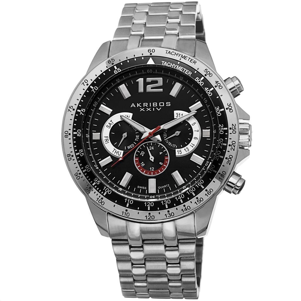 Akribos XXIV Men's Quartz Multifunction Tachymeter Stainless Steel Silver-Tone Bracelet Watch