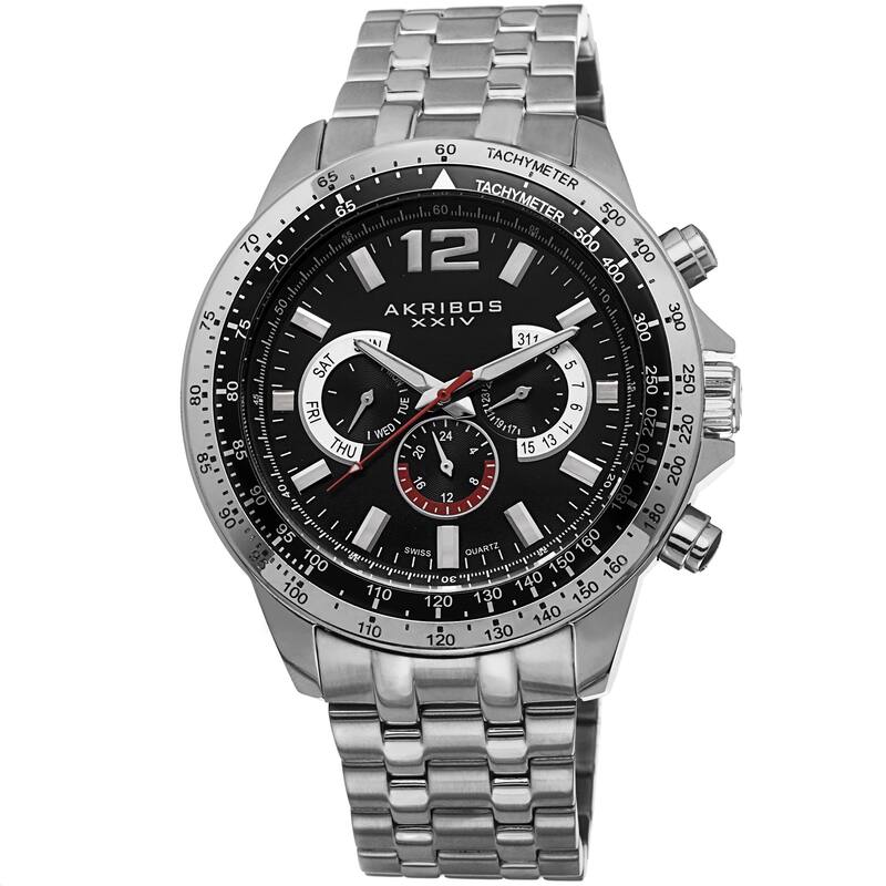 Akribos XXIV Men's Quartz Multifunction Tachymeter Stainless Steel Silver-Tone Bracelet Watch