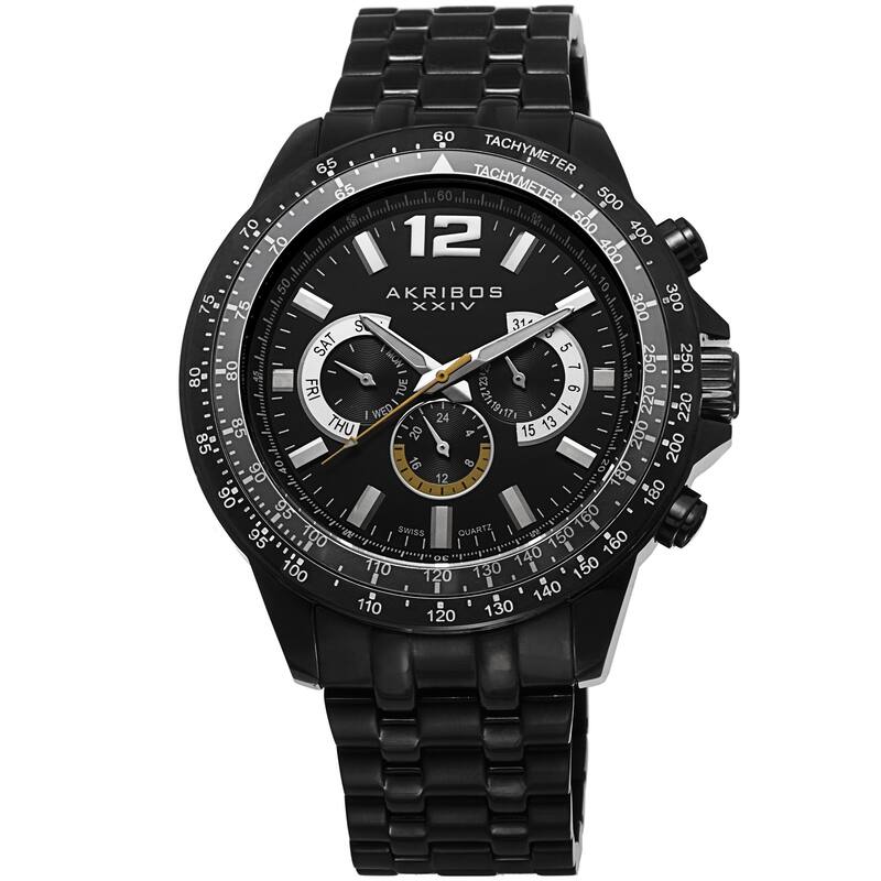 Akribos XXIV Men's Quartz Multifunction Tachymeter Stainless Steel Black Bracelet Watch