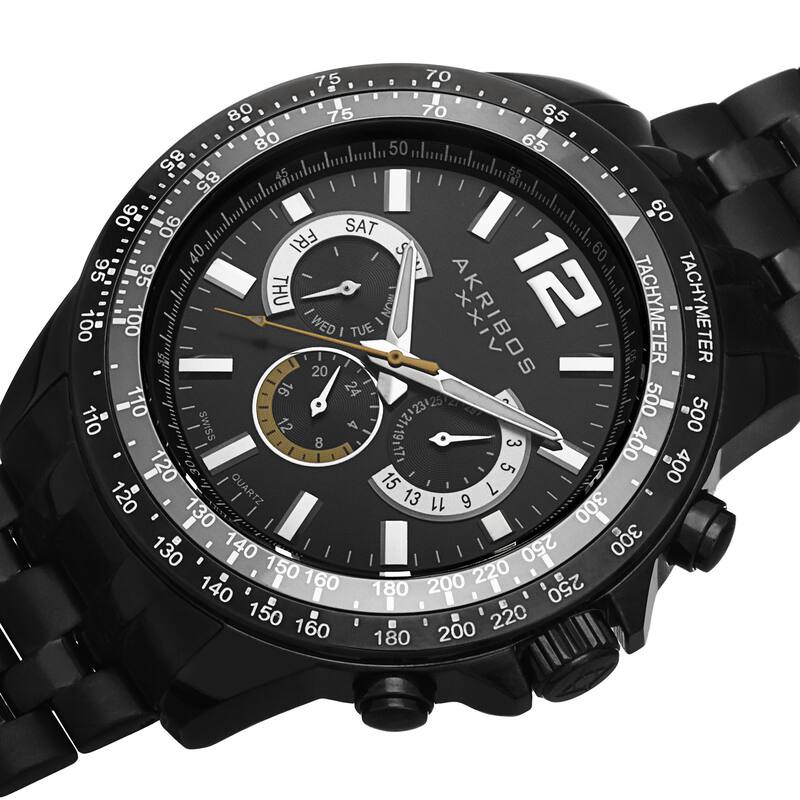 Akribos XXIV Men's Quartz Multifunction Tachymeter Stainless Steel Black Bracelet Watch