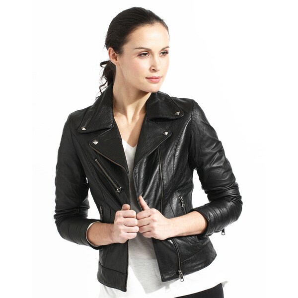 Women's Slim Fit Black Full-grain Leather Biker Jacket - Overstock ...