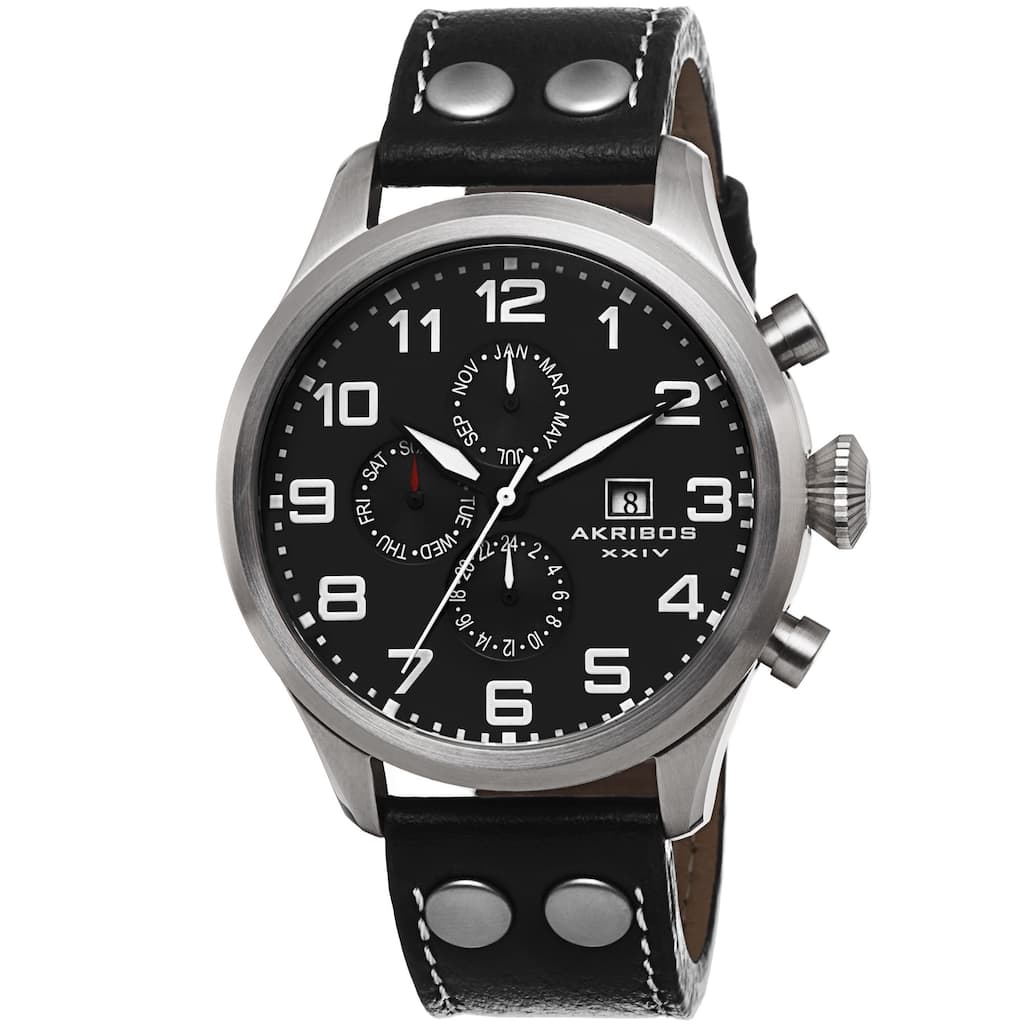 Akribos XXIV Men's Swiss Quartz Multifunction Leather Silver-Tone Strap Watch