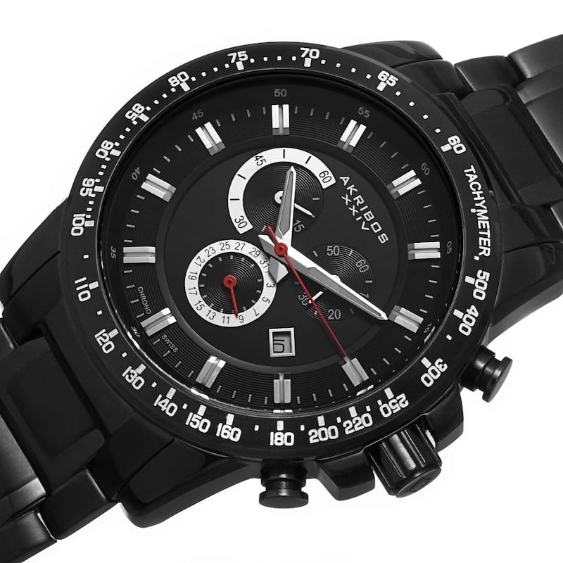Akribos XXIV Men's Swiss Quartz Chronograph Tachymeter Stainless Steel Black Bracelet Watch