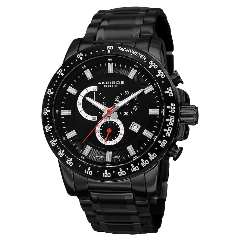 Akribos XXIV Men's Swiss Quartz Chronograph Tachymeter Stainless Steel Black Bracelet Watch
