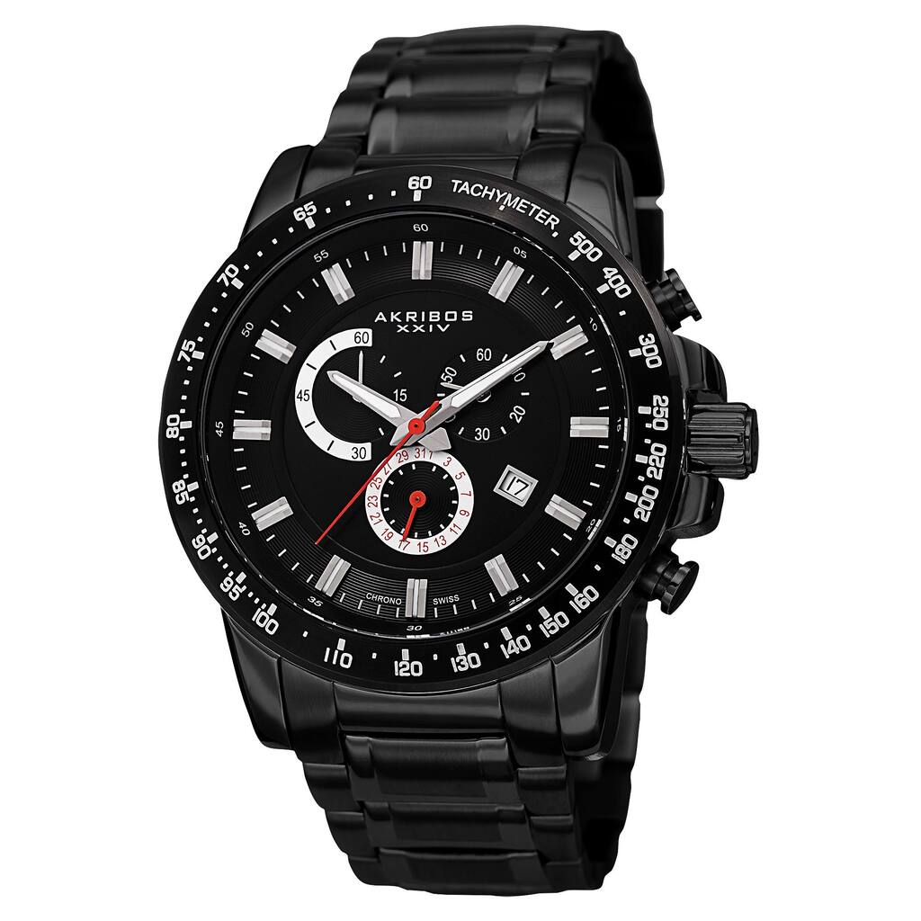 Akribos XXIV Men's Swiss Quartz Chronograph Tachymeter Stainless Steel Black Bracelet Watch