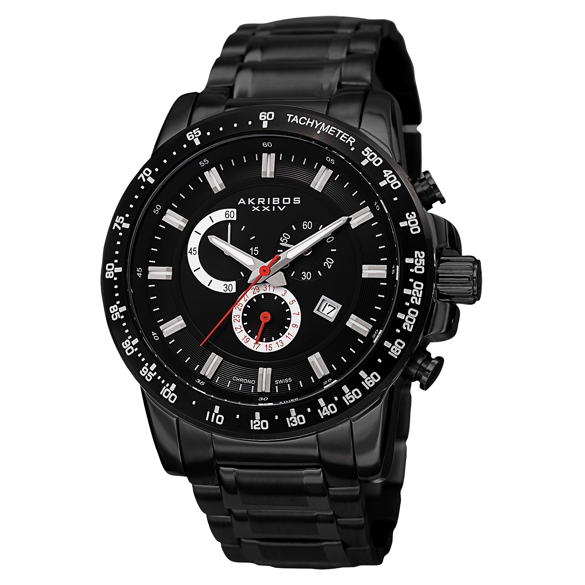 Akribos XXIV Men's Swiss Quartz Chronograph Tachymeter Stainless Steel Black Bracelet Watch
