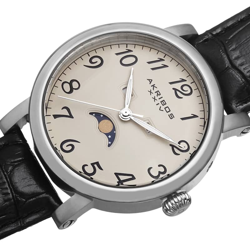 Akribos XXIV Men's Quartz AM/PM Indicator Leather Silver-Tone Strap Watch