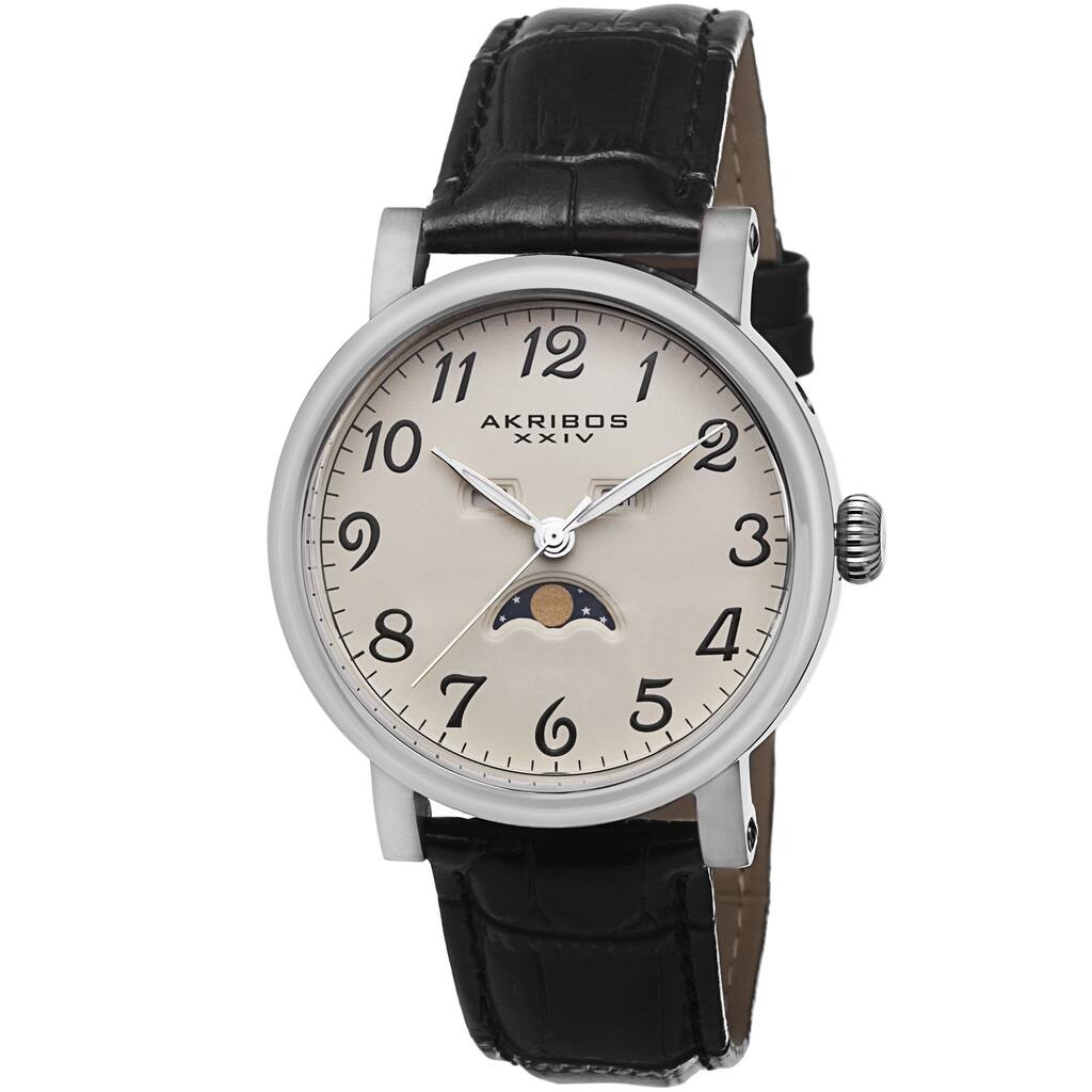 Akribos XXIV Men's Quartz AM/PM Indicator Leather Silver-Tone Strap Watch