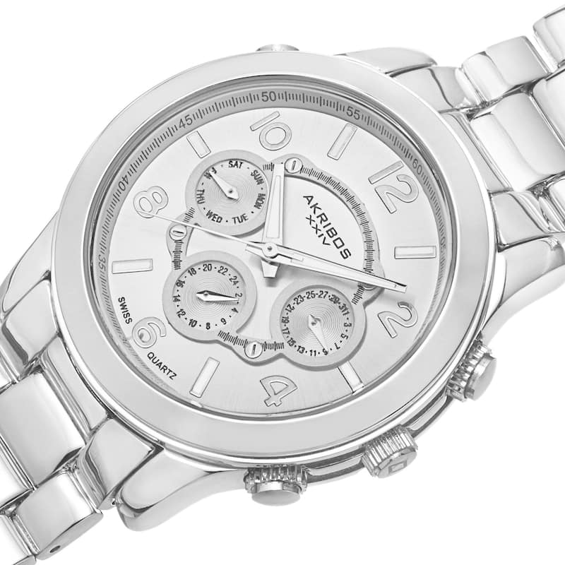 Akribos XXIV Women's Swiss Quartz Sunray Dial Multifunction Silver-Tone Bracelet Watch
