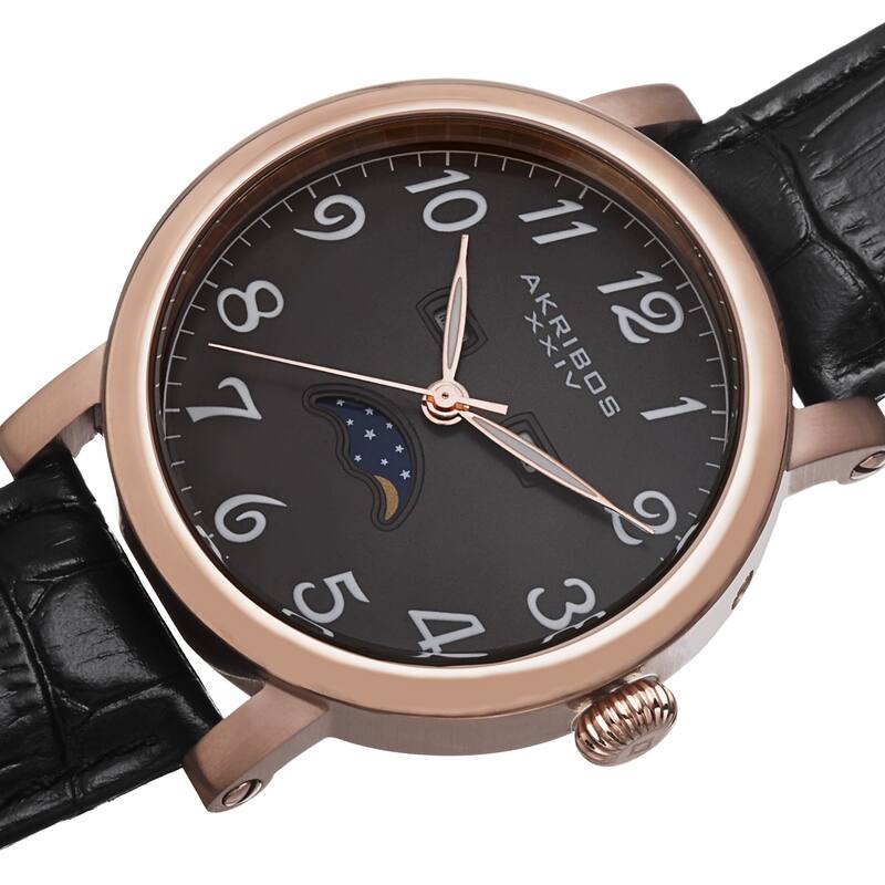 Akribos XXIV Men's Quartz AM/PM Indicator Leather Rose-Tone Strap Watch