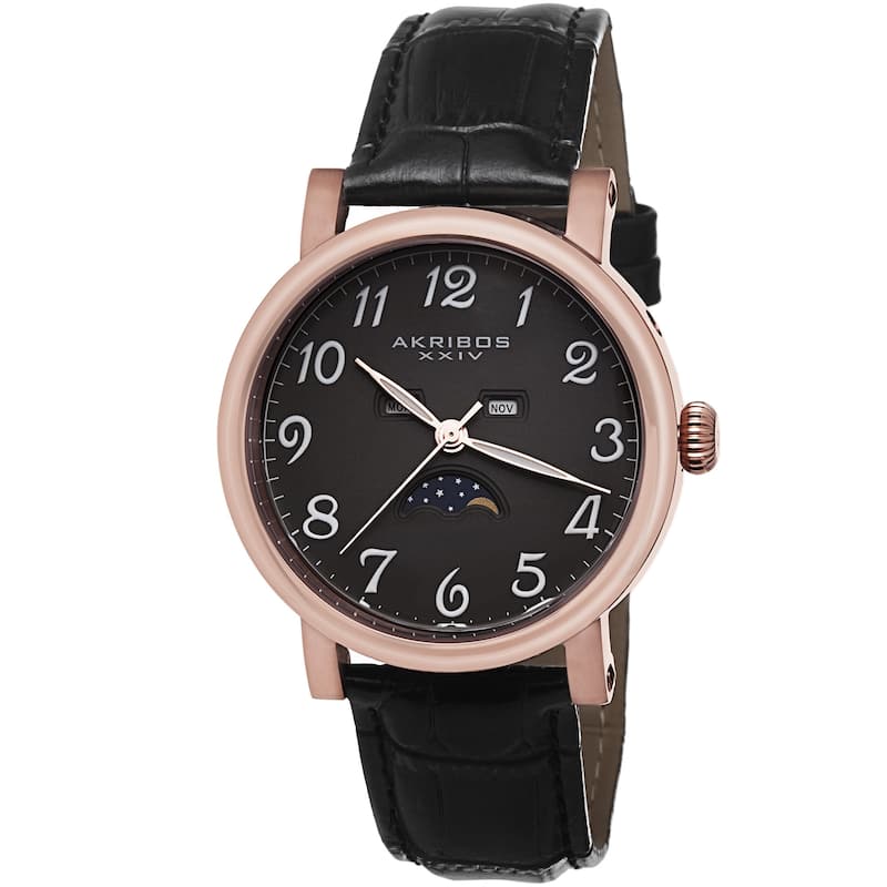 Akribos XXIV Men's Quartz AM/PM Indicator Leather Rose-Tone Strap Watch