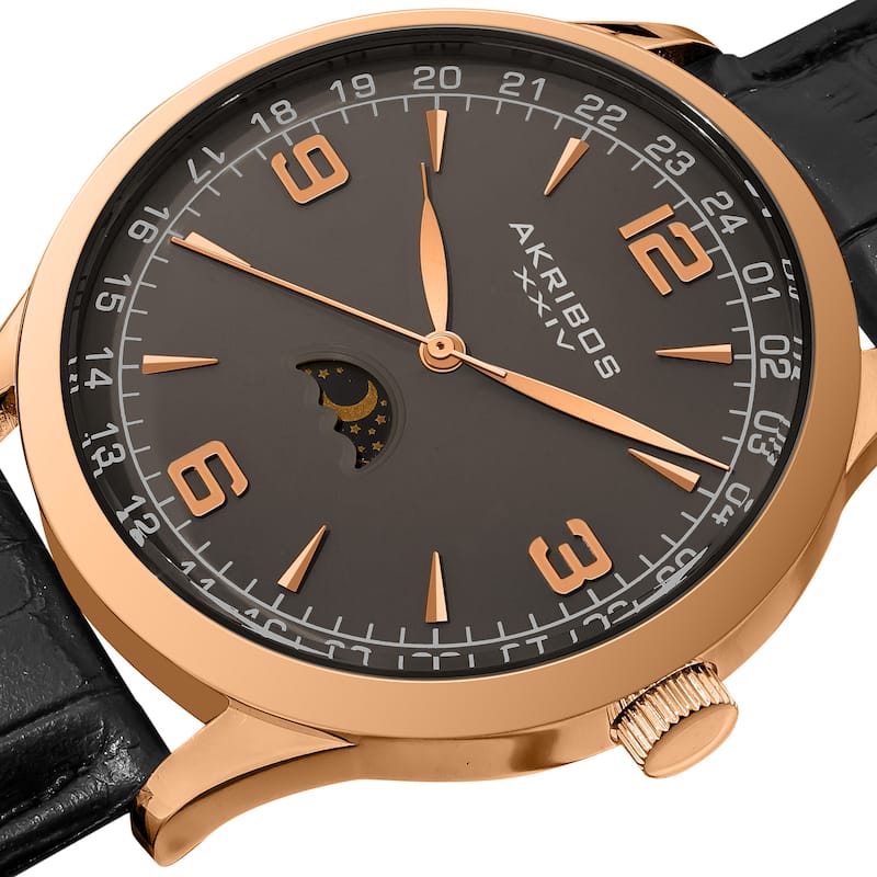 Akribos XXIV Men's Swiss Quartz Moon Phase Leather Rose-Tone Strap Watch
