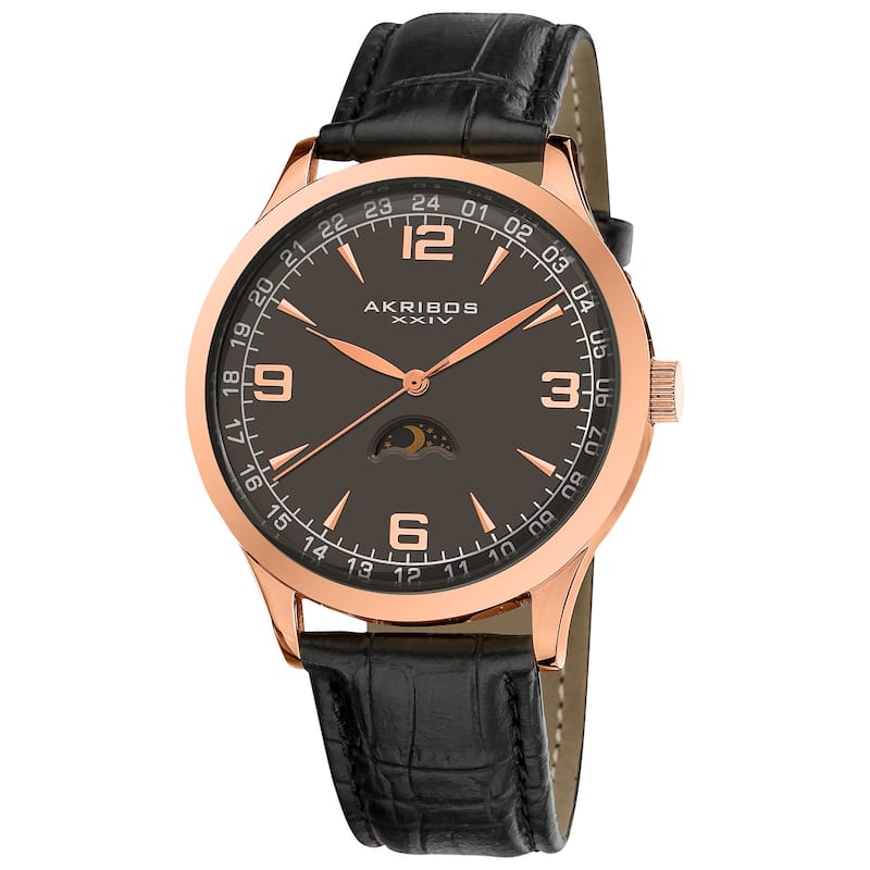 Akribos XXIV Men's Swiss Quartz Moon Phase Leather Rose-Tone Strap Watch