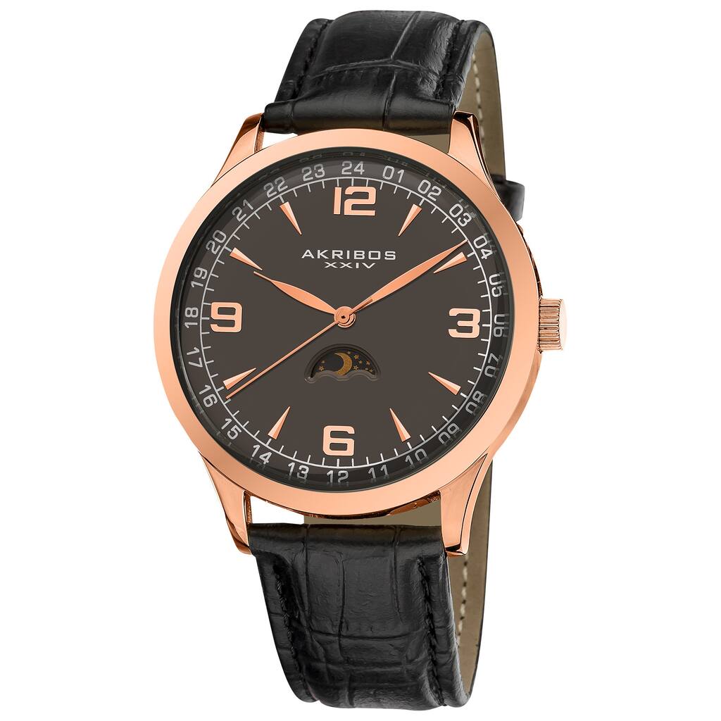 Akribos XXIV Men's Swiss Quartz Moon Phase Leather Rose-Tone Strap Watch