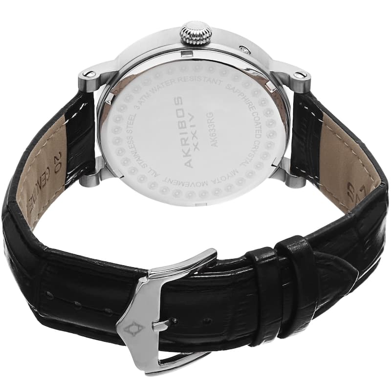 Akribos XXIV Men's Quartz AM/PM Indicator Leather Silver-Tone Strap Watch