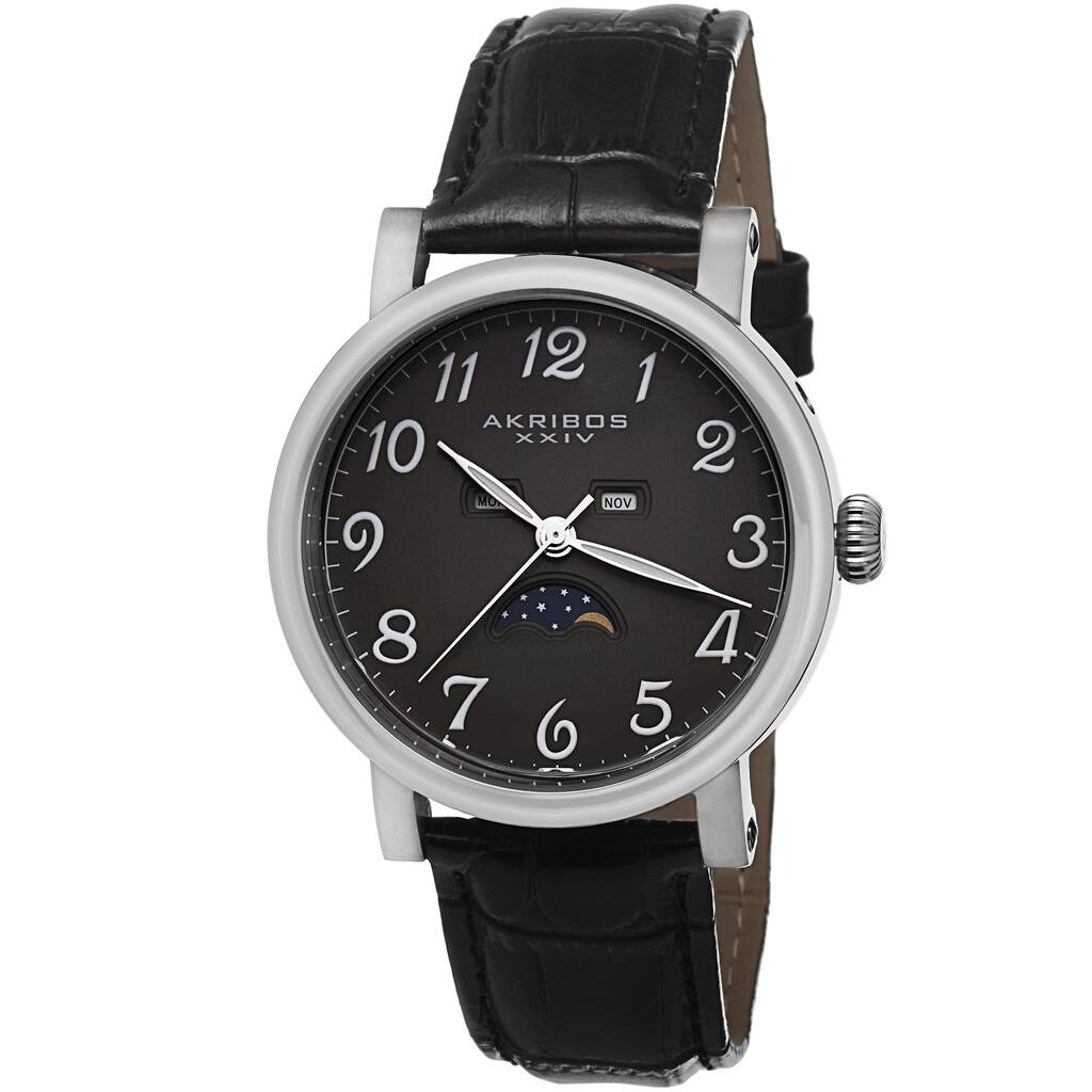 Akribos XXIV Men's Quartz AM/PM Indicator Leather Silver-Tone Strap Watch
